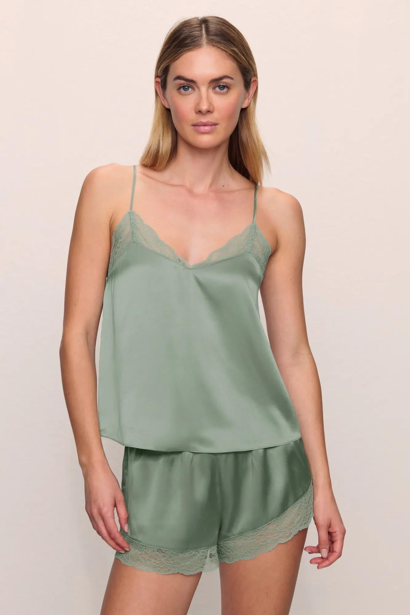 Model is wearing Inez Washable Silk Lace Cami & Short Set in Eucalyptus/Eucalyptus