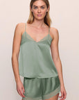 Model is wearing Inez Washable Silk Lace Cami & Short Set in Eucalyptus/Eucalyptus
