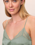 Model is wearing Inez Washable Silk Lace Cami & Short Set in Eucalyptus/Eucalyptus