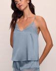Model is wearing Inez Washable Silk Lace Cami & Short Set in Faded Denim/Faded Denim