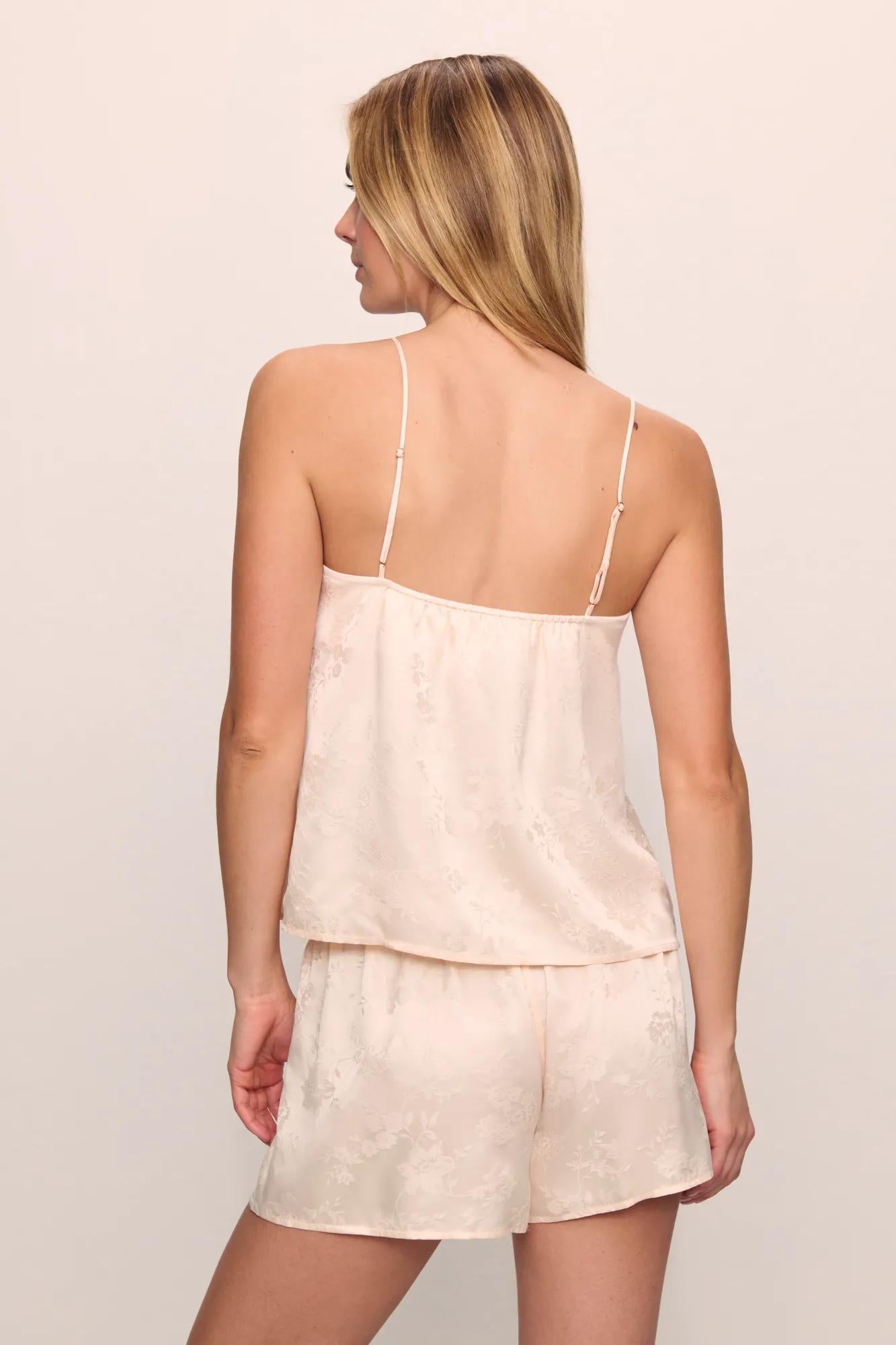 Model is wearing Washable Silk Jacquard Cami & Short PJ Set in  Floral Vine Peach Dust