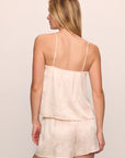 Model is wearing Washable Silk Jacquard Cami & Short PJ Set in Floral Vine Peach Dust