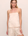 Model is wearing Washable Silk Jacquard Cami & Short PJ Set in Floral Vine Peach Dust