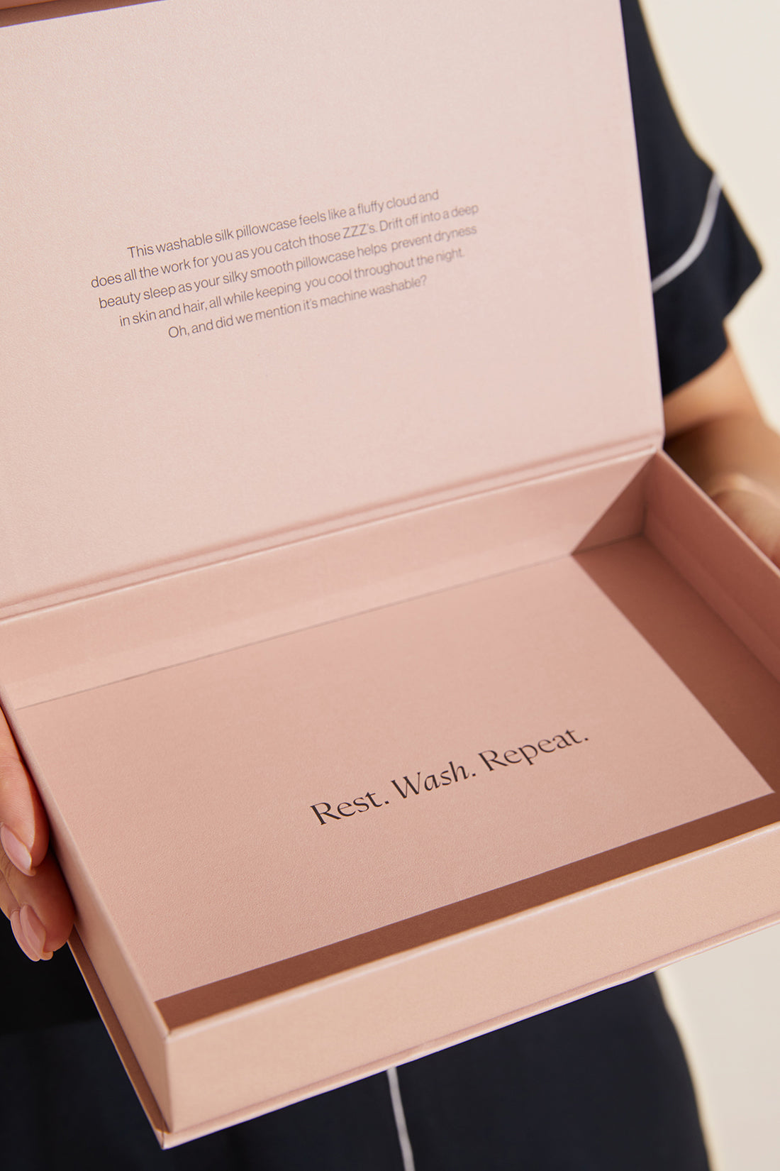 Inez Washable Silk Pillow Case empty box in rose cloud.