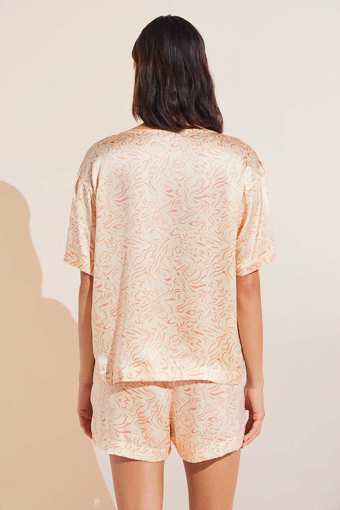 Model wears Inez Washable Silk Printed Short Sleeve Tee & Boxer PJ Set in Marble Rose Cloud.