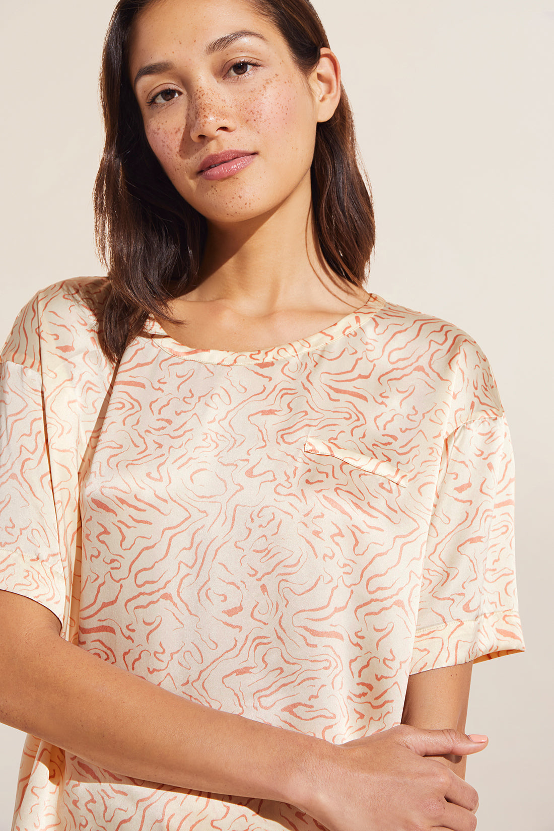 Model wears Inez Washable Silk Printed Short Sleeve Tee & Boxer PJ Set in Marble Rose Cloud.