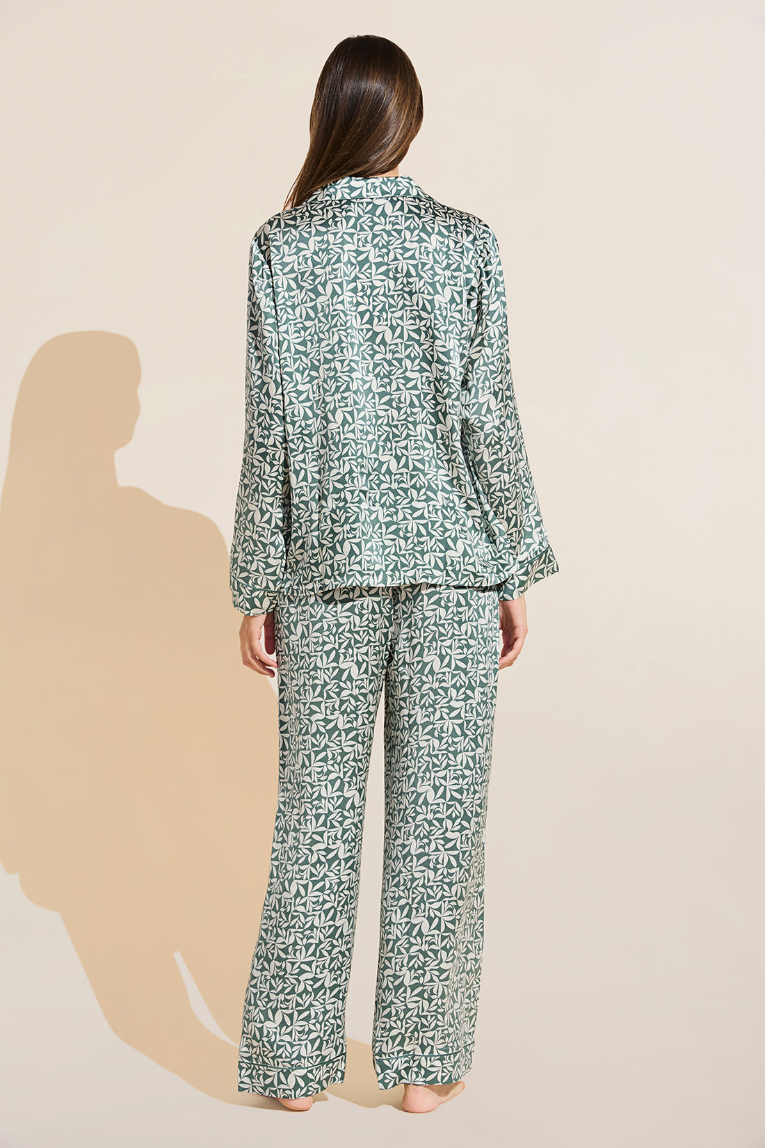 Model wears Inez Washable Silk Printed Long PJ Set in Tropical Tile Agave/Agave.