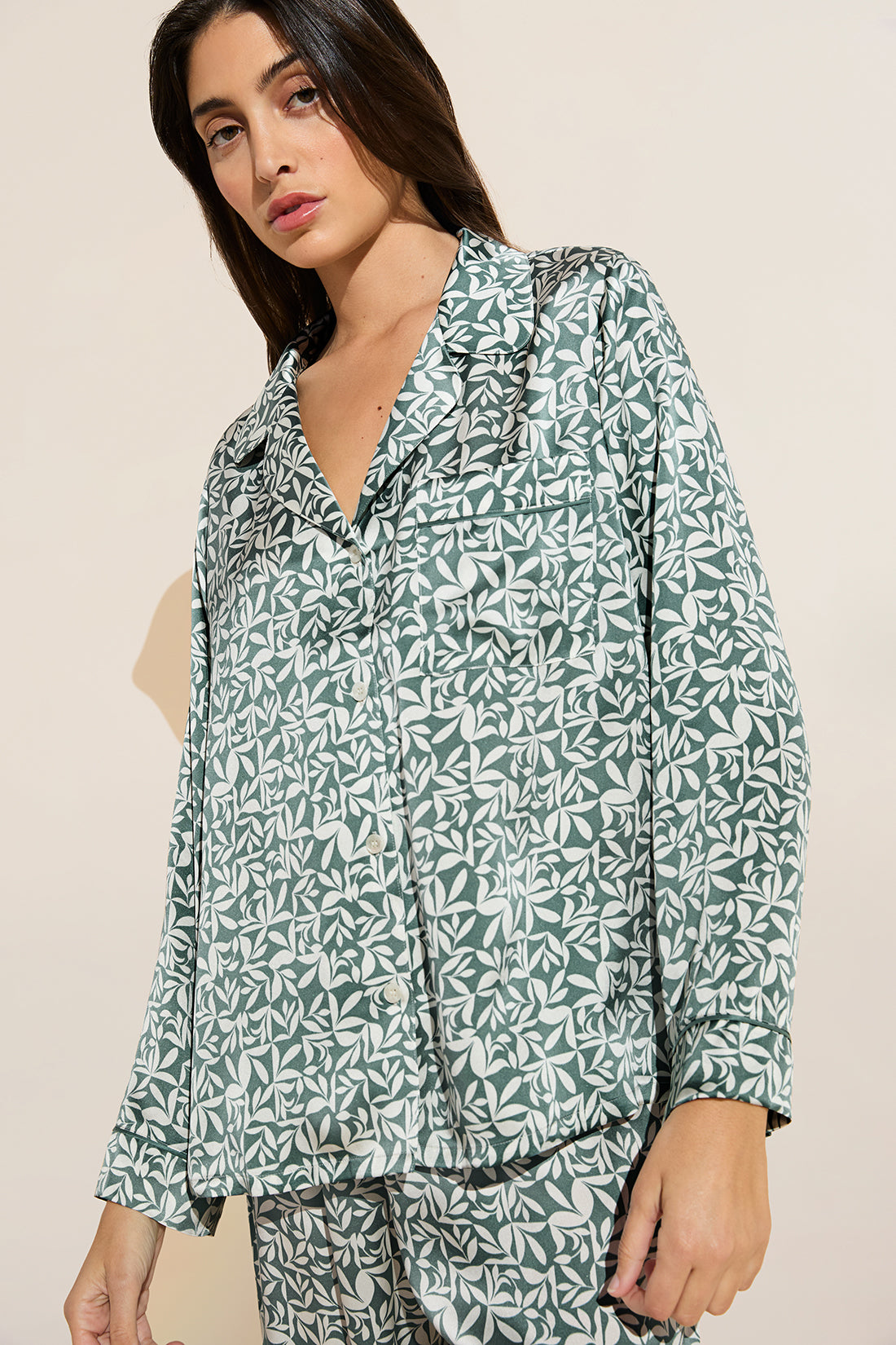 Model wears Inez Washable Silk Printed Long PJ Set in Tropical Tile Agave/Agave.