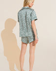 Model wears Inez Washable Silk Printed Short PJ Set in Tropical Tile Agave/Agave.