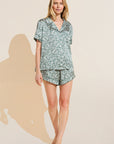Model wears Inez Washable Silk Printed Short PJ Set in Tropical Tile Agave/Agave.