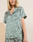 Model wears Inez Washable Silk Printed Short PJ Set in Tropical Tile Agave/Agave.