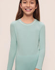 Model is wearing Kids Tencel™ Modal Unisex Long Pj Set in Canal Blue/Ivory