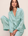 Model is wearing Inez Washable Silk Long Pj Set in Canal Blue/Ivory
