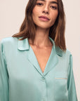 Model is wearing Inez Washable Silk Long Pj Set in Canal Blue/Ivory