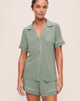 Model is wearing Gisele TENCEL™ Modal Relaxed Short PJ Set in Eucalyptus/Ivory