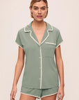 Model is wearing Frida TENCEL™ Modal Shortie PJ Set in Eucalyptus/Ivory