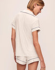 Model is wearing Gisele Printed TENCEL™ Modal Shortie PJ Set in Heritage Stripe Lt Htr Grey/Pe
