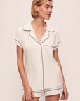 Model is wearing Gisele Printed TENCEL™ Modal Shortie PJ Set in Heritage Stripe Lt Htr Grey/Pe