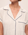 Model is wearing Gisele Printed TENCEL™ Modal Shortie PJ Set in Heritage Stripe Lt Htr Grey/Pe