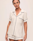 Model is wearing Gisele Printed TENCEL™ ModalRelaxed Short PJ Set in Heritage Stripe Lt Htr Grey/Pe