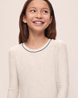 Model is wearing Kids Printed TENCEL™ Modal Unisex Long PJ Set in Heritage Stripe Lt Htr Grey/Pe