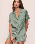 Model is wearing Inez Washable Silk Short PJ Set in Eucalyptus/Ivory