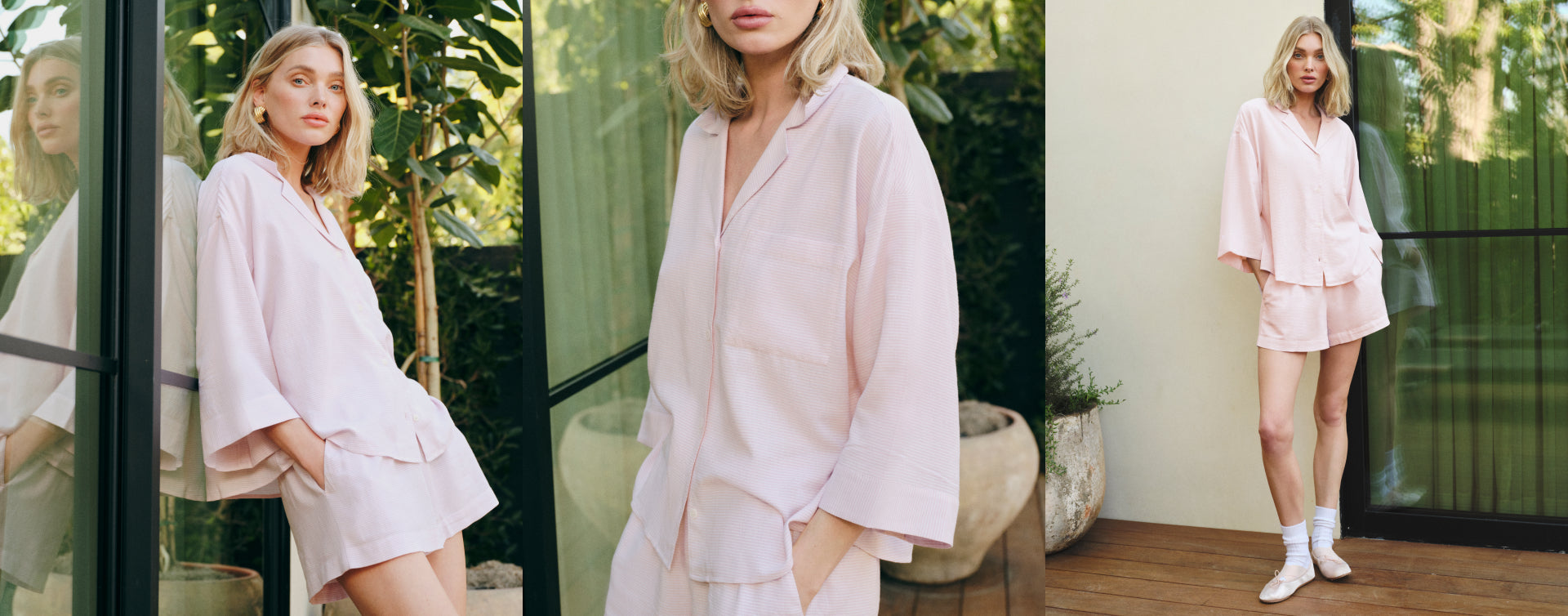 Model is wearing Nautico Shortie Short PJ Set in Feeder Stripes Pale Mauve/White.