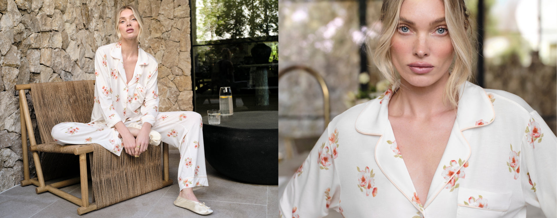 Model is wearing Inez Gisele TENCEL™ Modal Long PJ Set in Floral Bloom Ivory/Vanilla Cream.