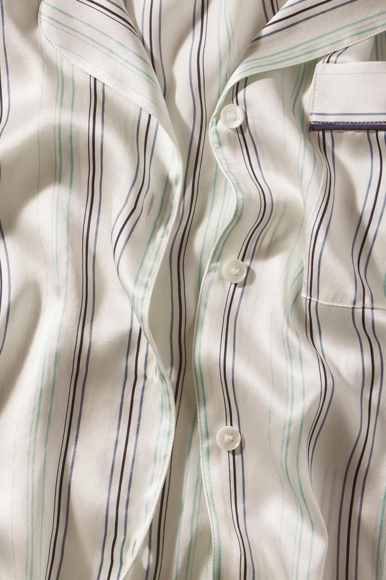 Fabric detail of Inez Washable Silk Printed Long Pj Set in Serene Stripe Navy/Navy