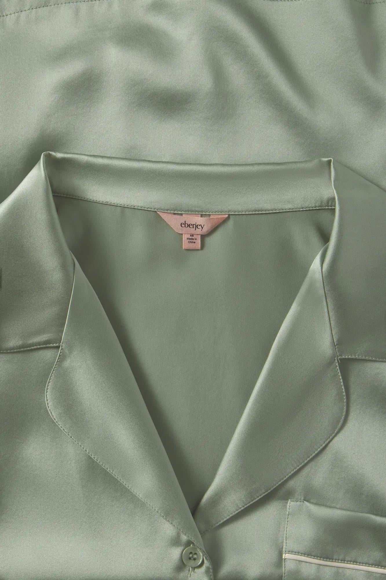 Fabric detail of Inez Washable Silk Long PJ Set - Eucalyptus/Ivory