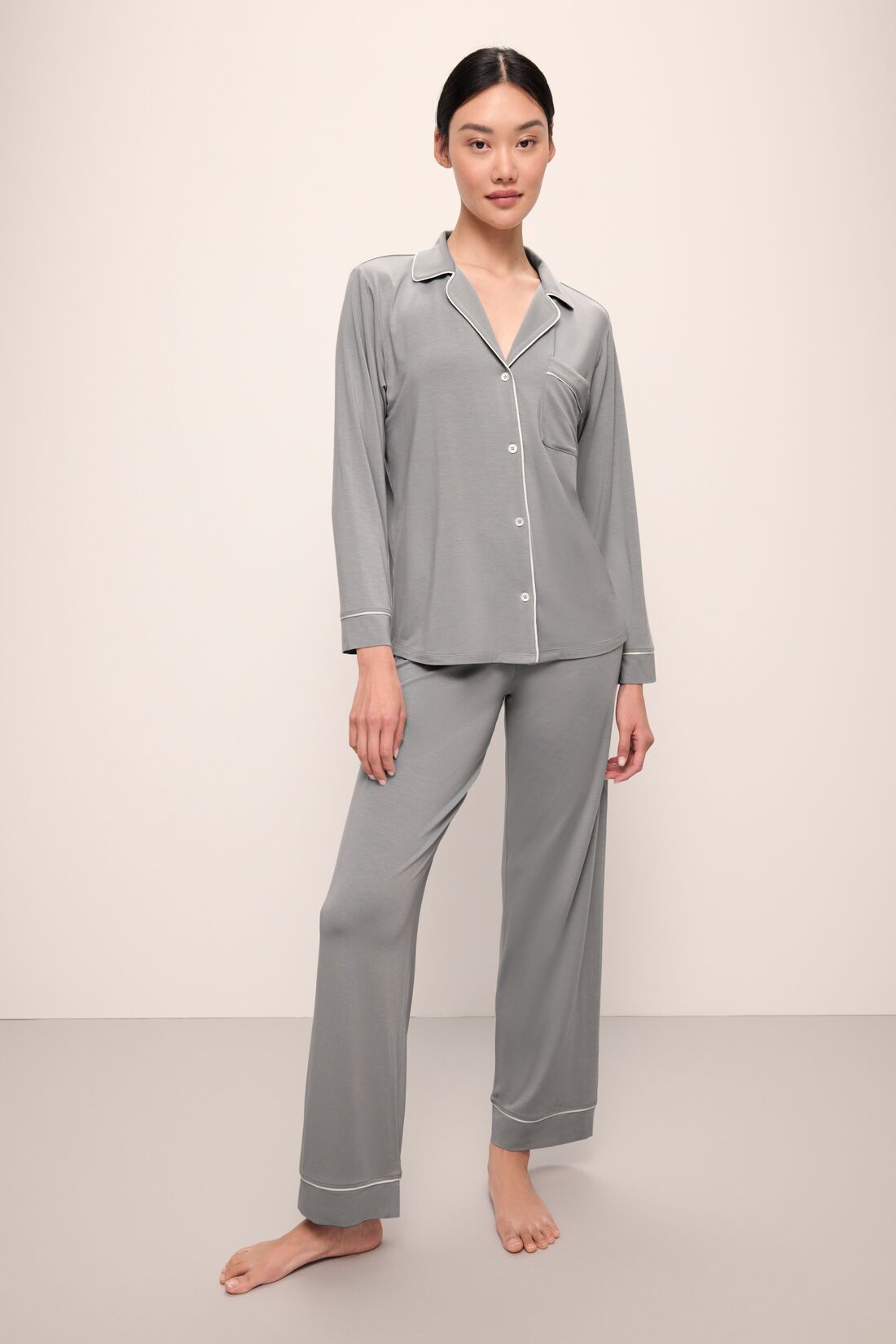 Model wears Gisele TENCEL™ Modal Long PJ Set in moonlight/ivory.