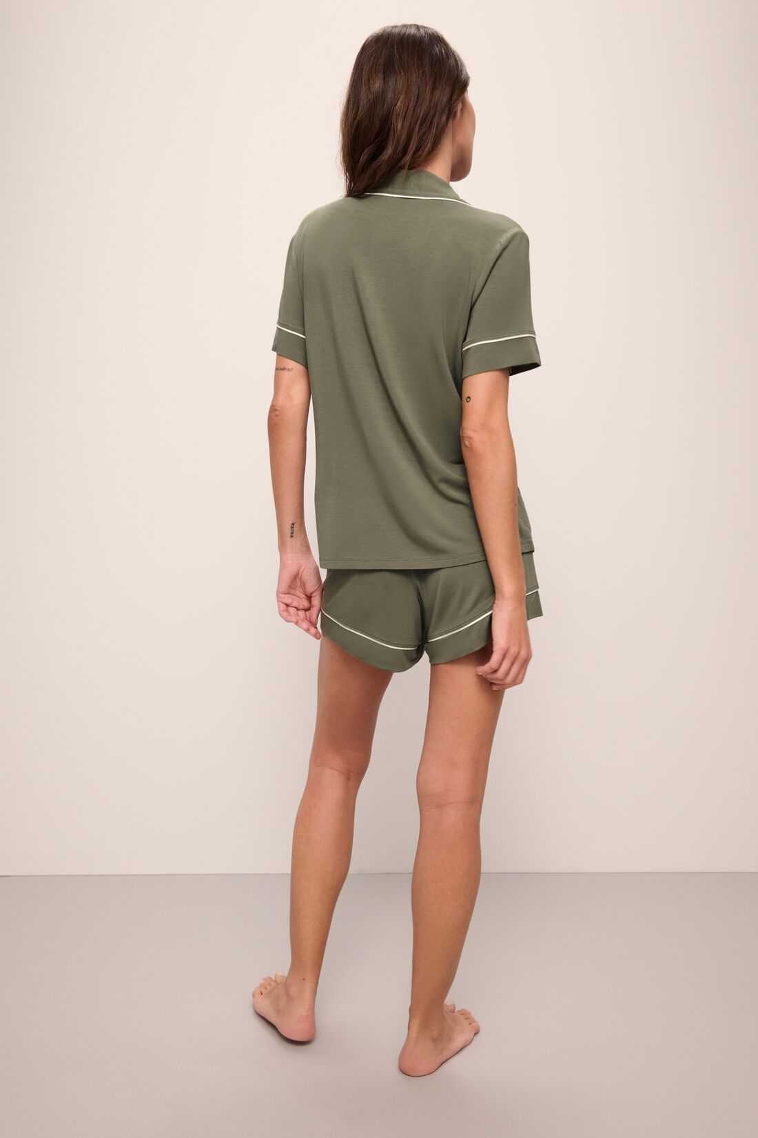 Model is Gisele TENCEL™ Modal Relaxed Short PJ Set in moss/ivory.