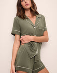 Model is Gisele TENCEL™ Modal Relaxed Short PJ Set in moss/ivory.