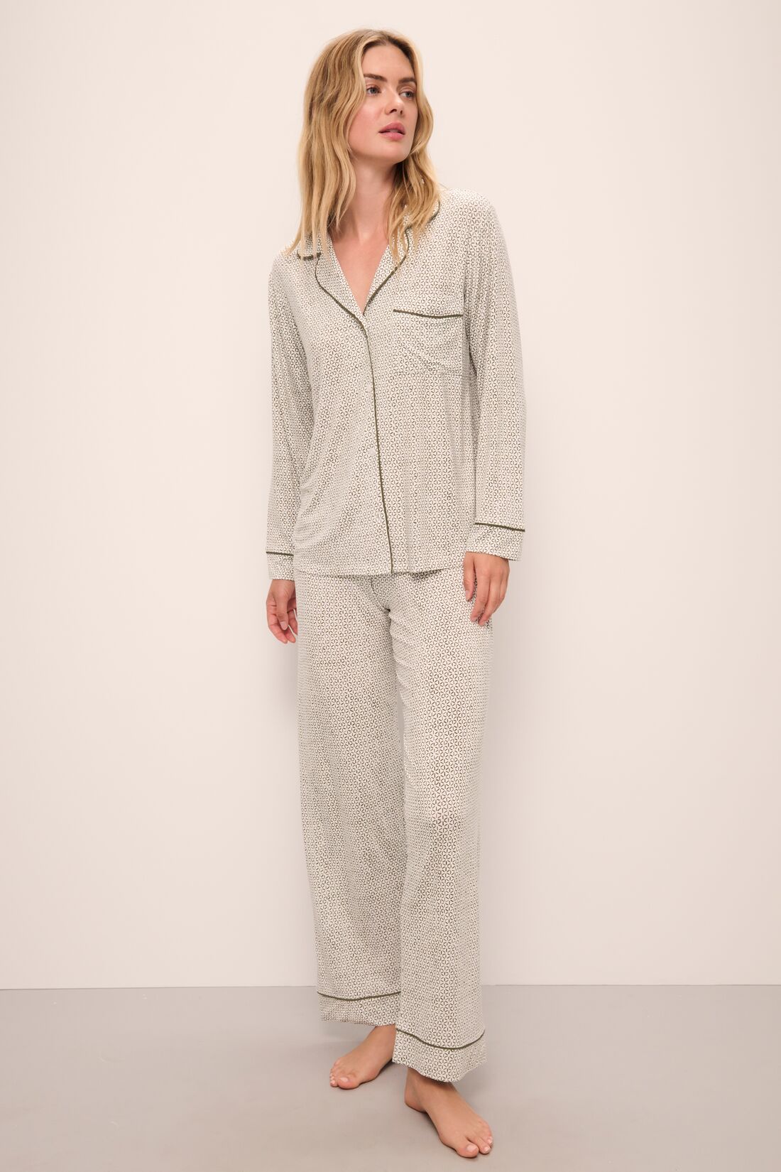 Model wears Gisele Printed TENCEL™ Modal Long PJ Set in Ella Spark/Moss.