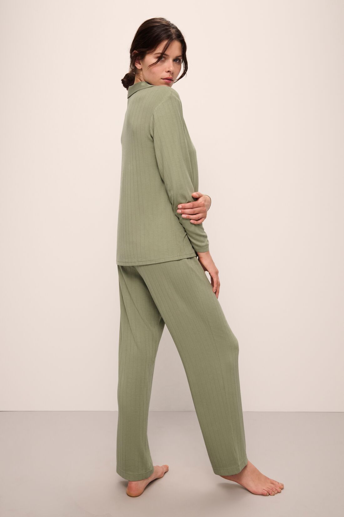 Model wears Gisele TENCEL™ Modal Rib Long PJ Set in tea.