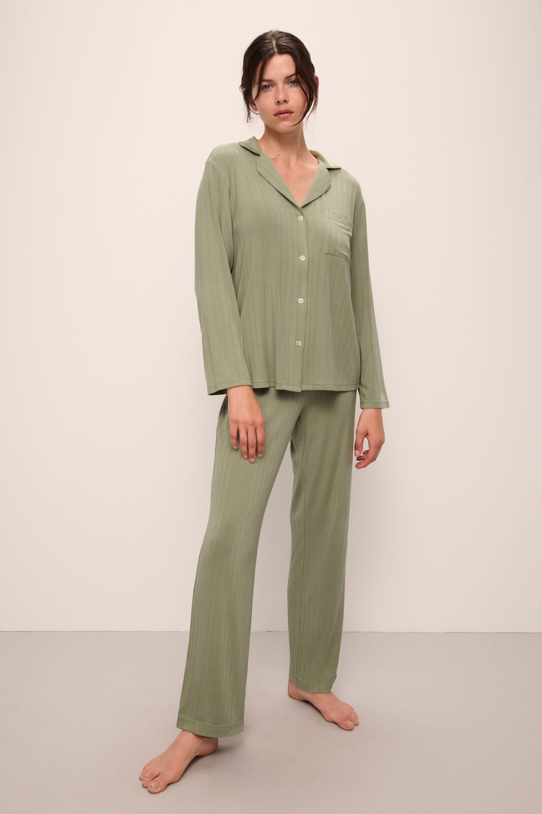 Model wears Gisele TENCEL™ Modal Rib Long PJ Set in tea.