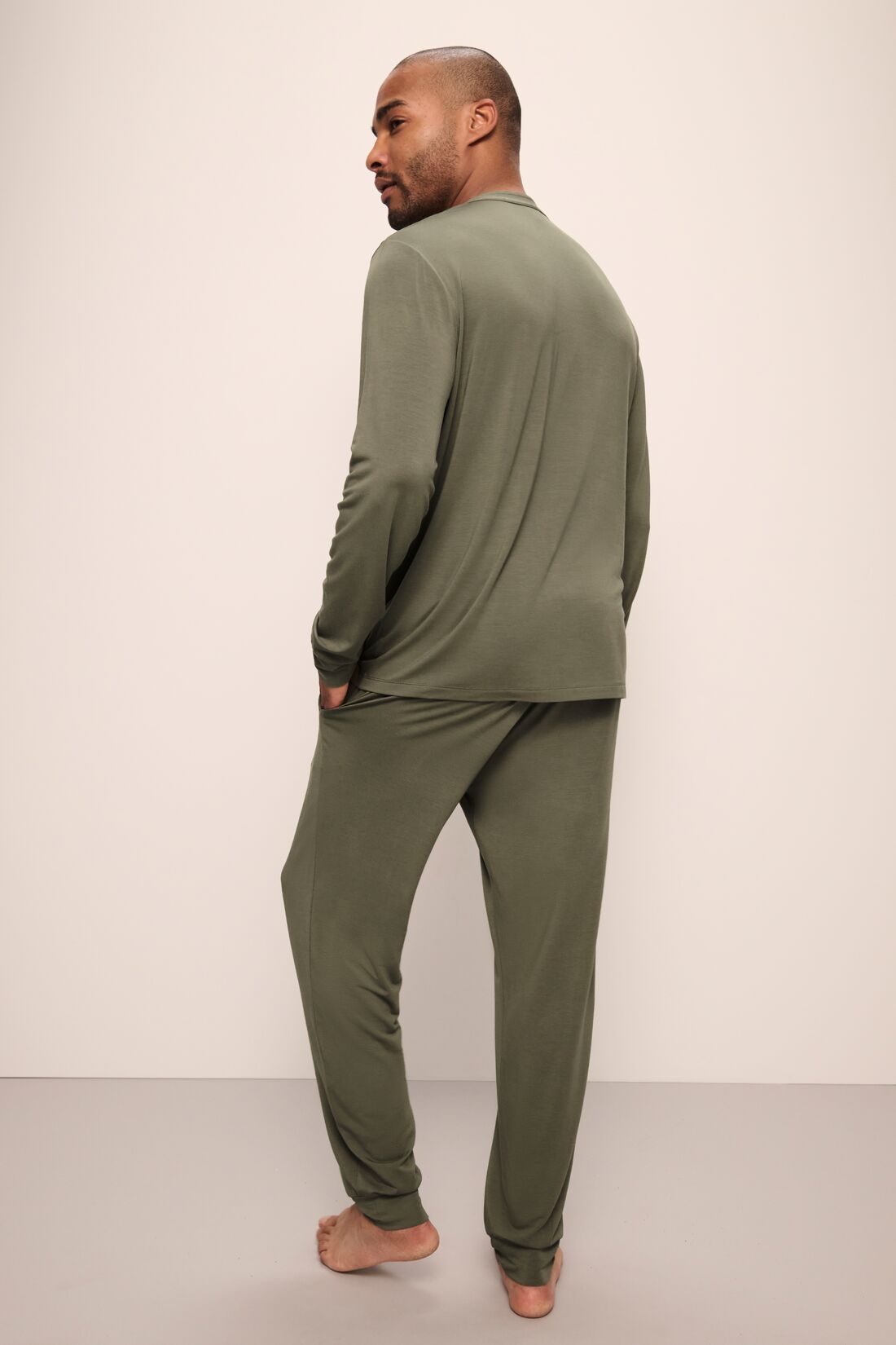 Model wears Henry TENCEL™ Modal Long PJ Set in Moss.