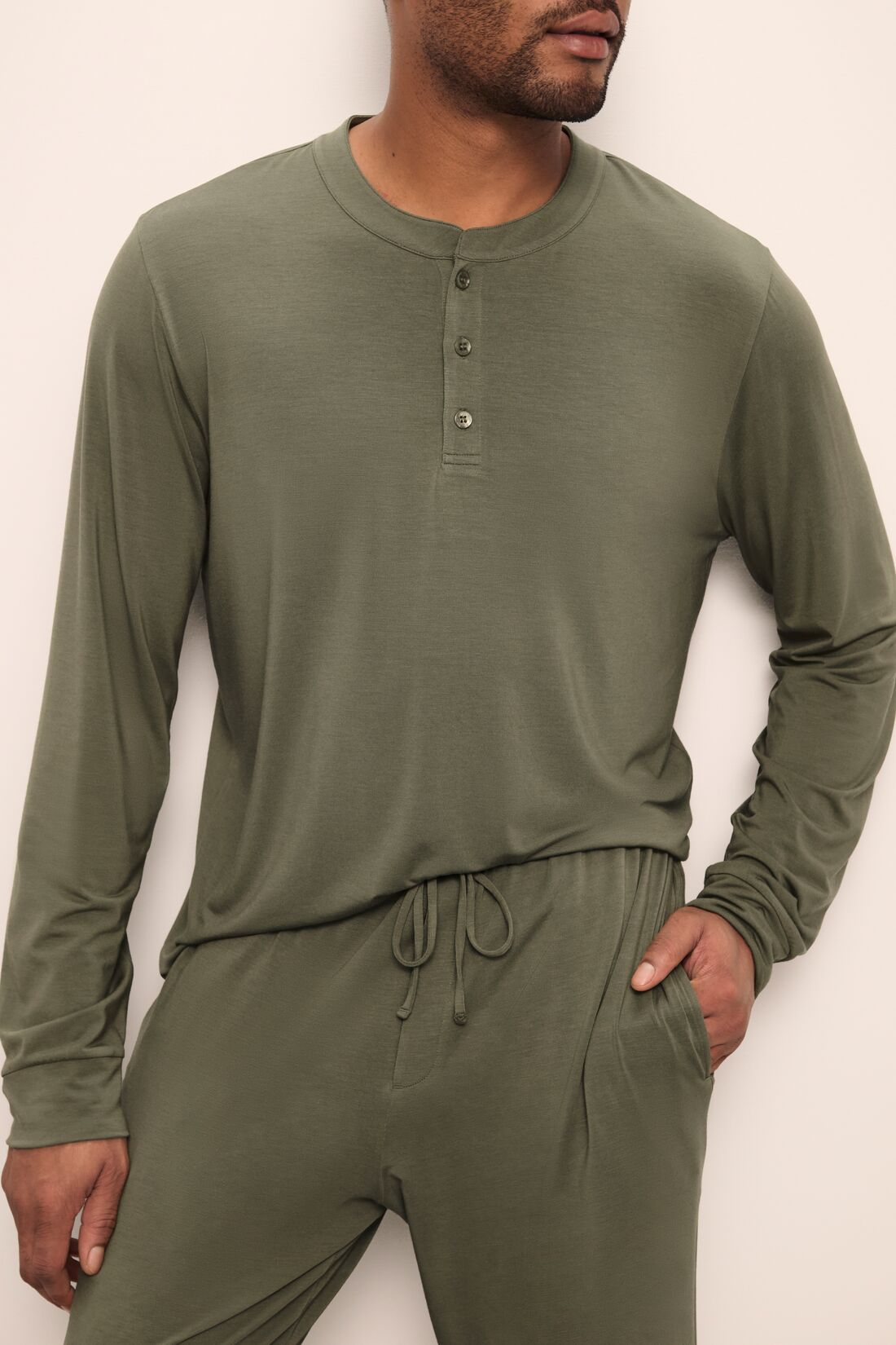 Model wears Henry TENCEL™ Modal Long PJ Set in Moss.