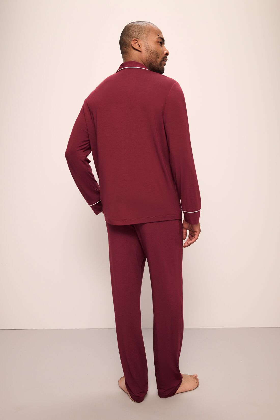Model wears William TENCEL™ Modal Long PJ Set in Cabernet/Ivory.