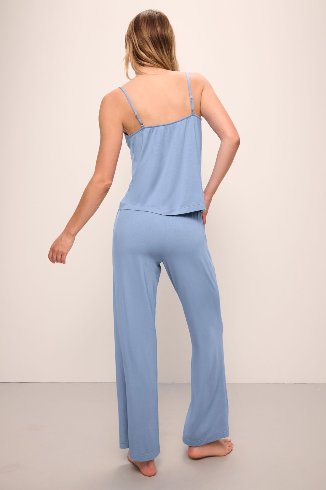 Model wears Gisele TENCEL™ Modal Cami &amp; Pant PJ Set in wedgewood blue.