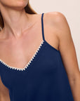 Model is wearing Frida TENCEL™ Modal Cami & Shortie Short PJ Set in Navy/Ivory