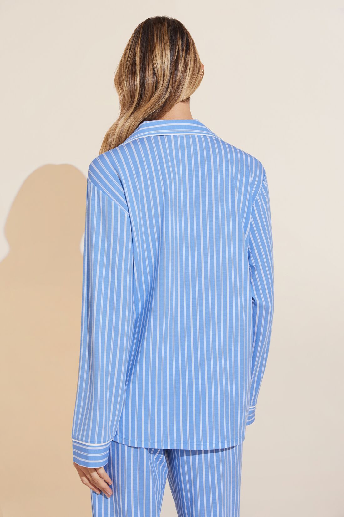 Model wears Gisele Printed TENCEL™ Modal Long PJ Set in Nordic Stripes Vista Blue/Ivory.