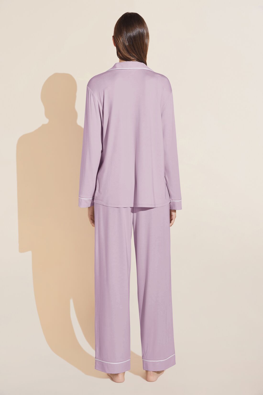 Model wears Gisele TENCEL™ Modal Long PJ Set in lavender/ivory.