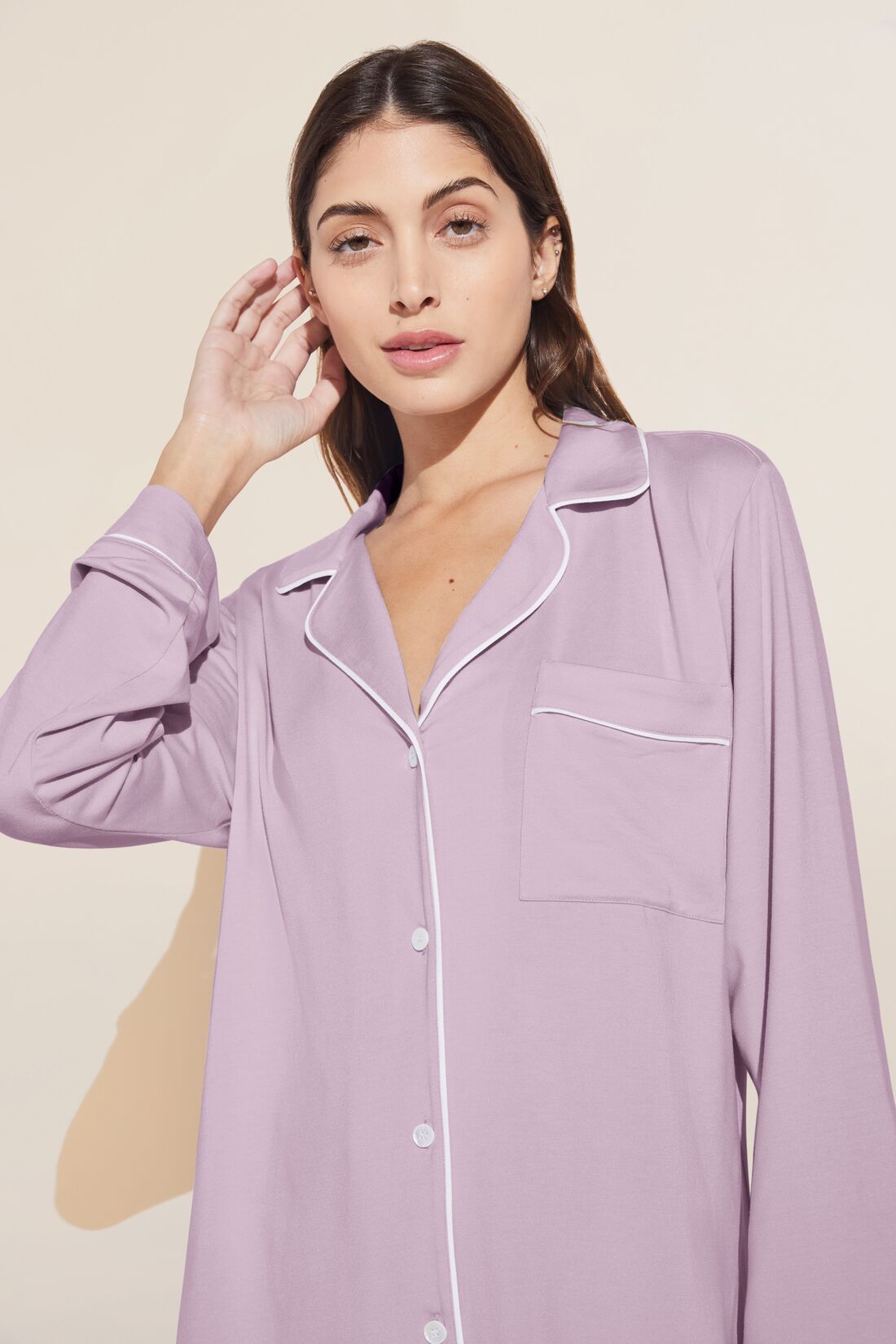 Model wears Gisele TENCEL™ Modal Long PJ Set in lavender/ivory.