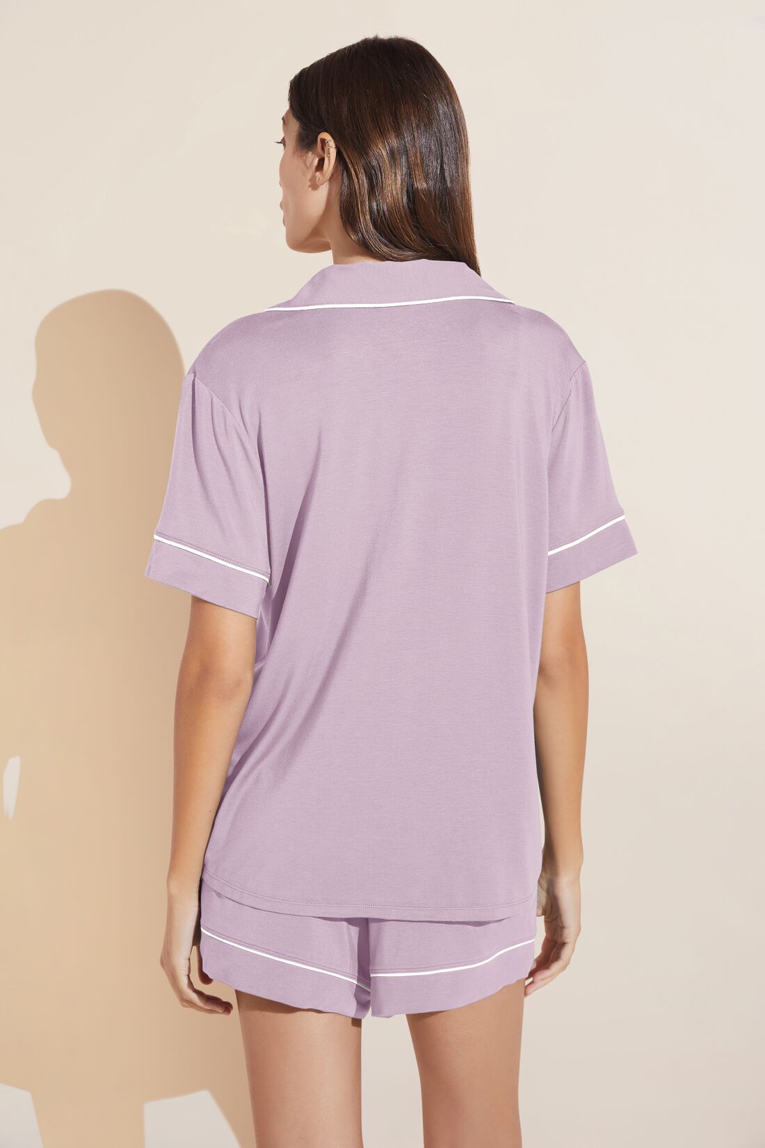 Model wears Gisele TENCEL™ Modal Relaxed Short PJ Set in lavender/ivory.
