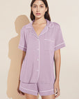 Model wears Gisele TENCEL™ Modal Relaxed Short PJ Set in lavender/ivory.