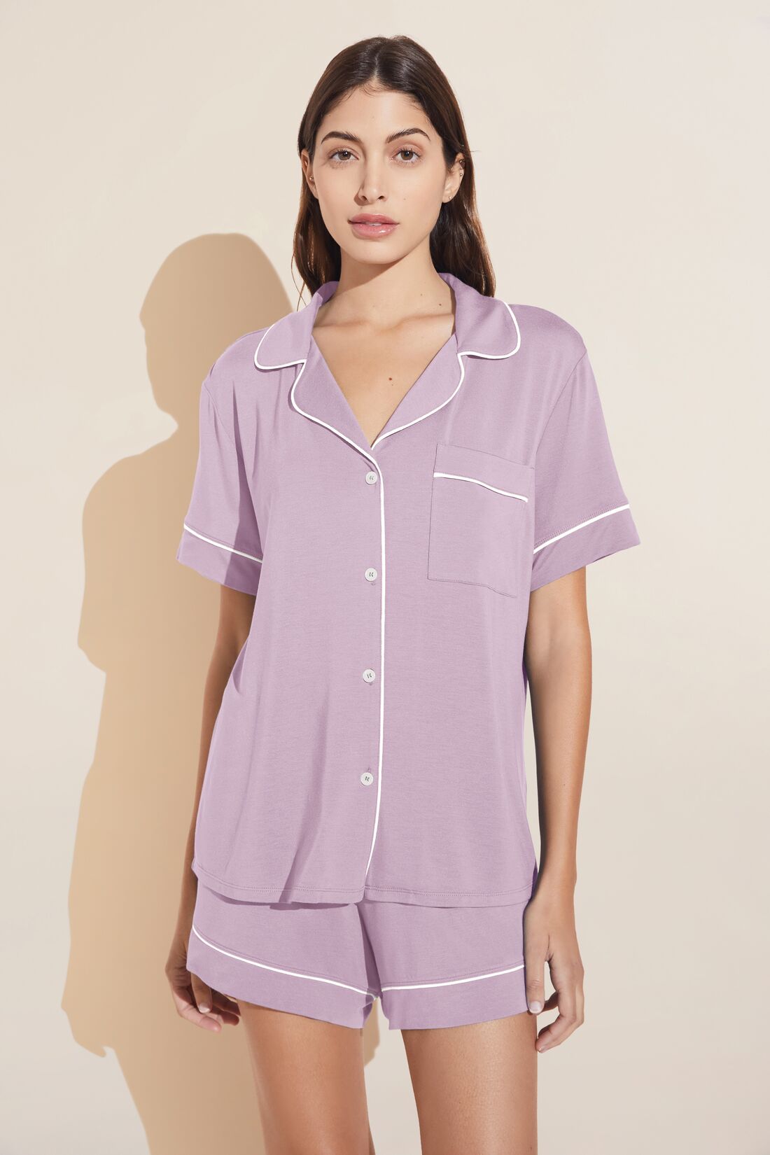 Model wears Gisele TENCEL™ Modal Relaxed Short PJ Set in lavender/ivory.