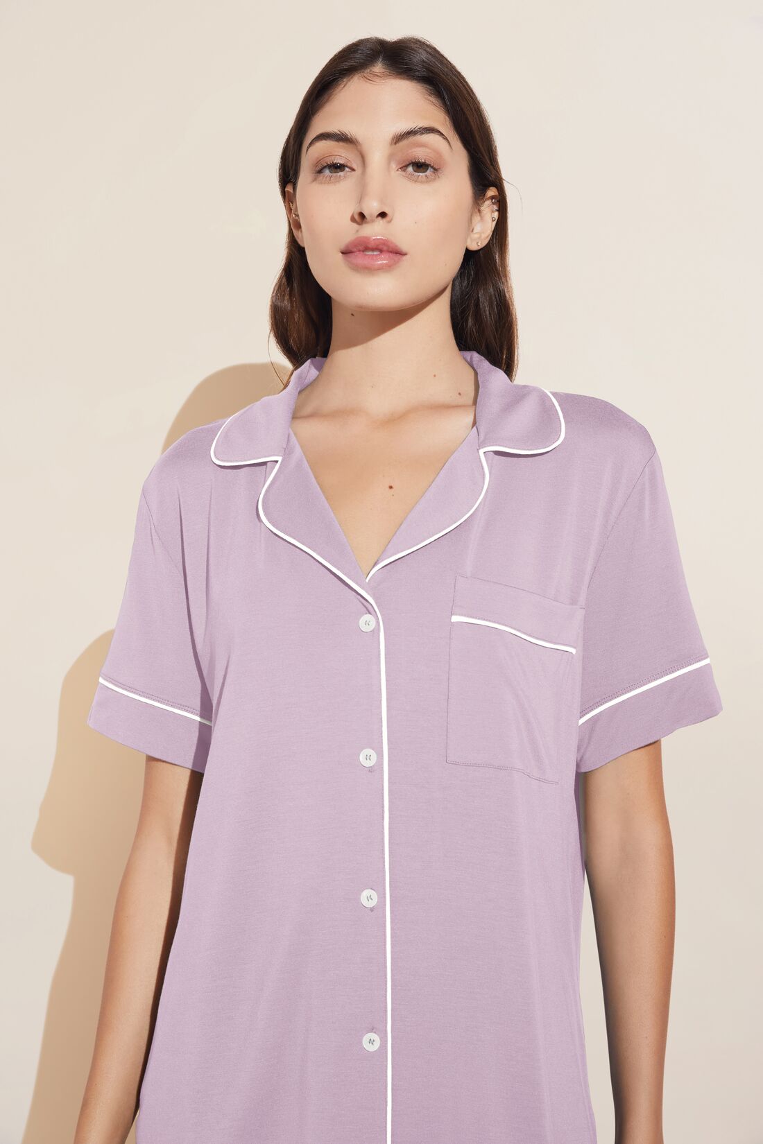 Model wears Gisele TENCEL™ Modal Relaxed Short PJ Set in lavender/ivory.