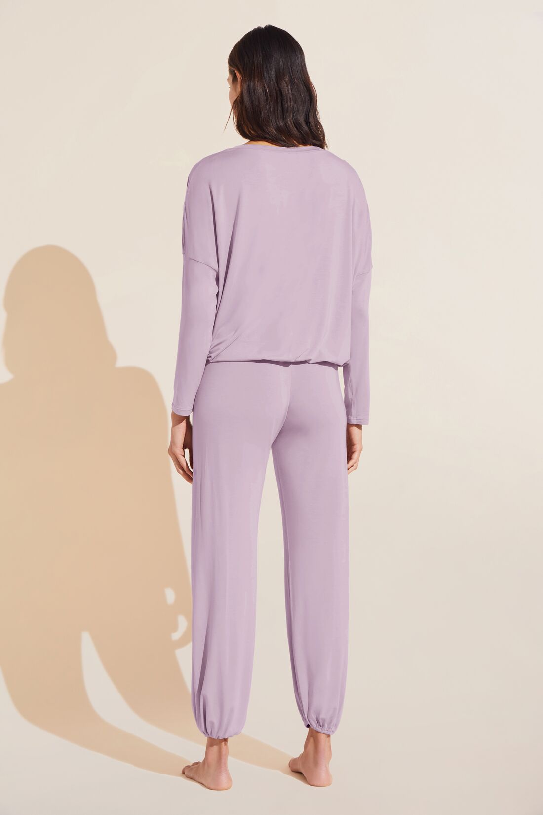 Model wears Gisele TENCEL™ Modal Slouchy PJ Set in lavender/ivory.