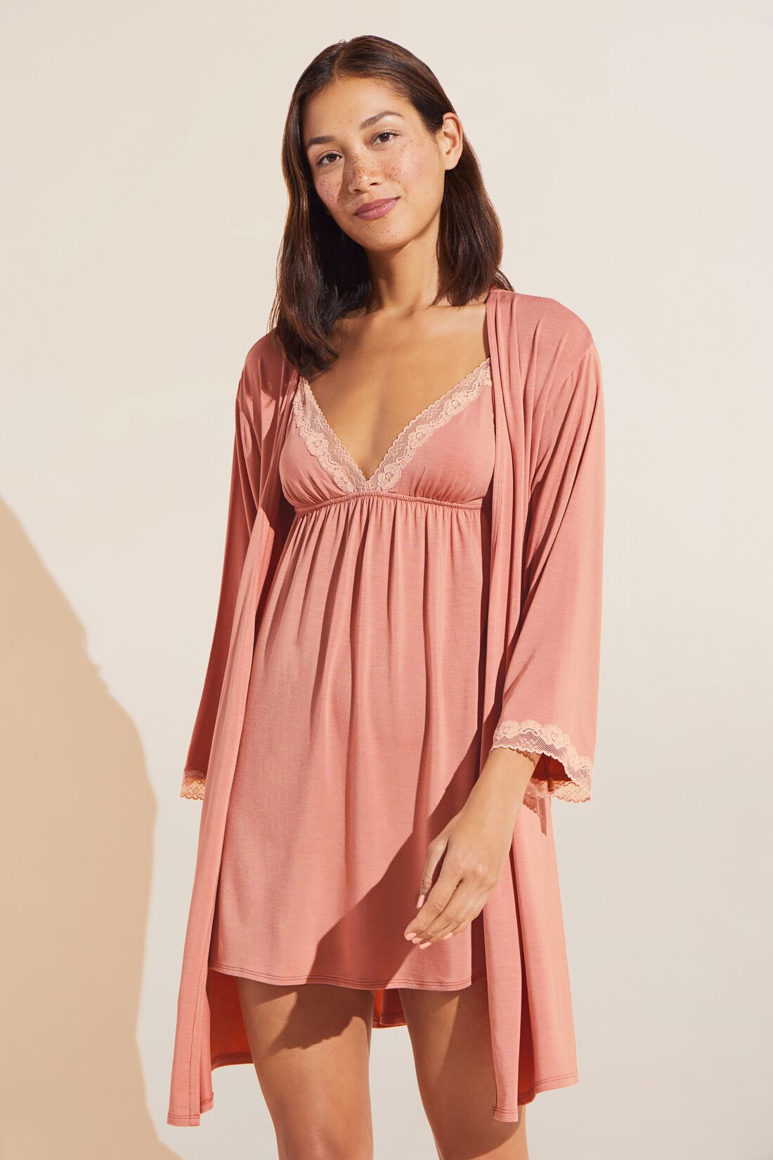 Model wears Flora TENCEL™ Modal 3/4 Sleeve Robe in Pink Rouge/Rose.